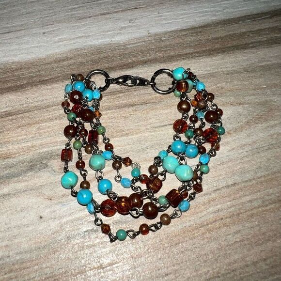 Vintage 5-Strand Bracelet Faux Turquoise Amber Tone Bead & Microbead Boho Chic - Picture 1 of 6